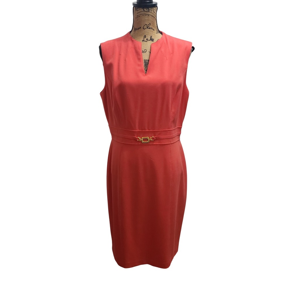 Chelsea Ross Coral Sleeveless Sheath Dress Gold‎ Buckle Midi Women's Size 14